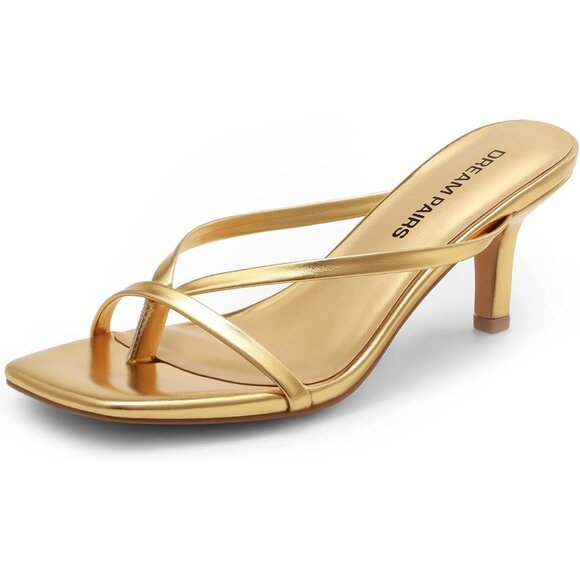 Dream Pairs Women Gold Faux Leather Open Square Toe Thong Heeled Sandals - Picture 1 of 7